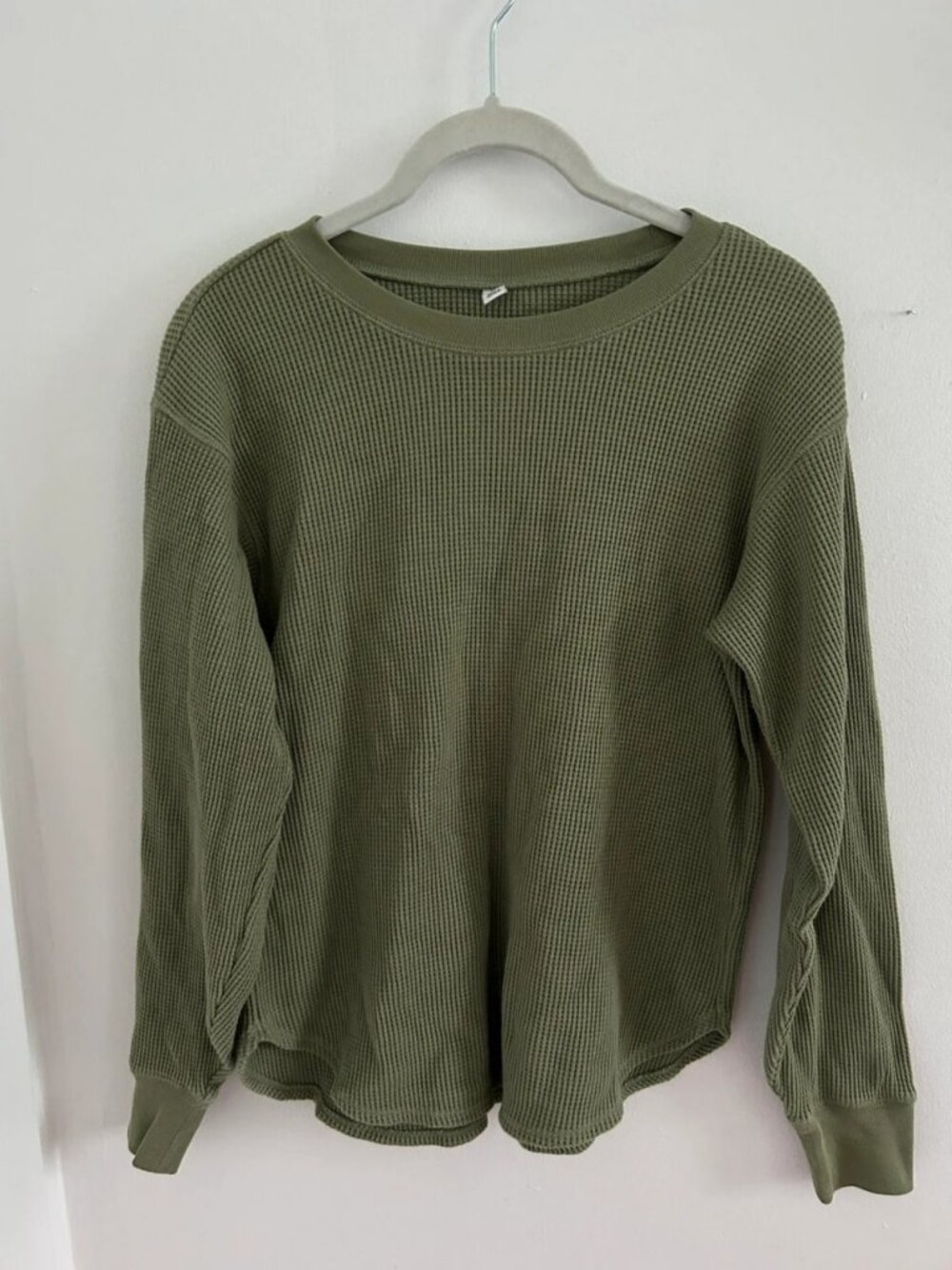 Women's Olive Green Waffle Knit Long Sleeve Top XS